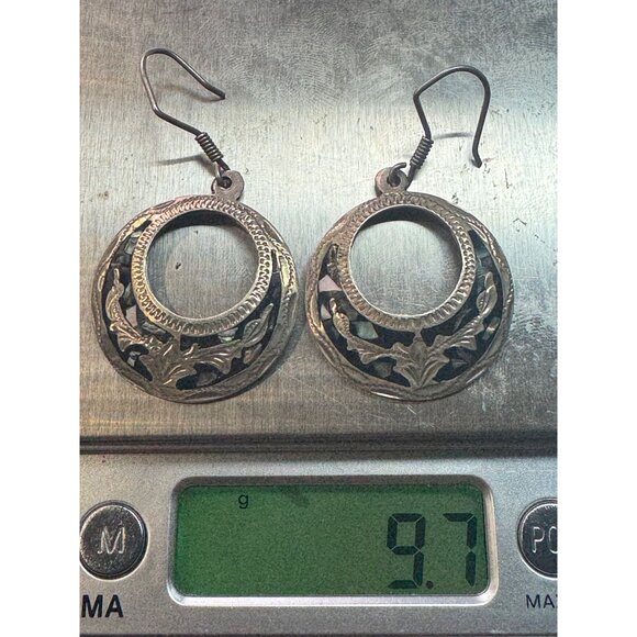 Vintage Sterling Silver 925 Mexico Abalone Inlay Dangle Hoop Earrings 9.7g - Picture 8 of 8